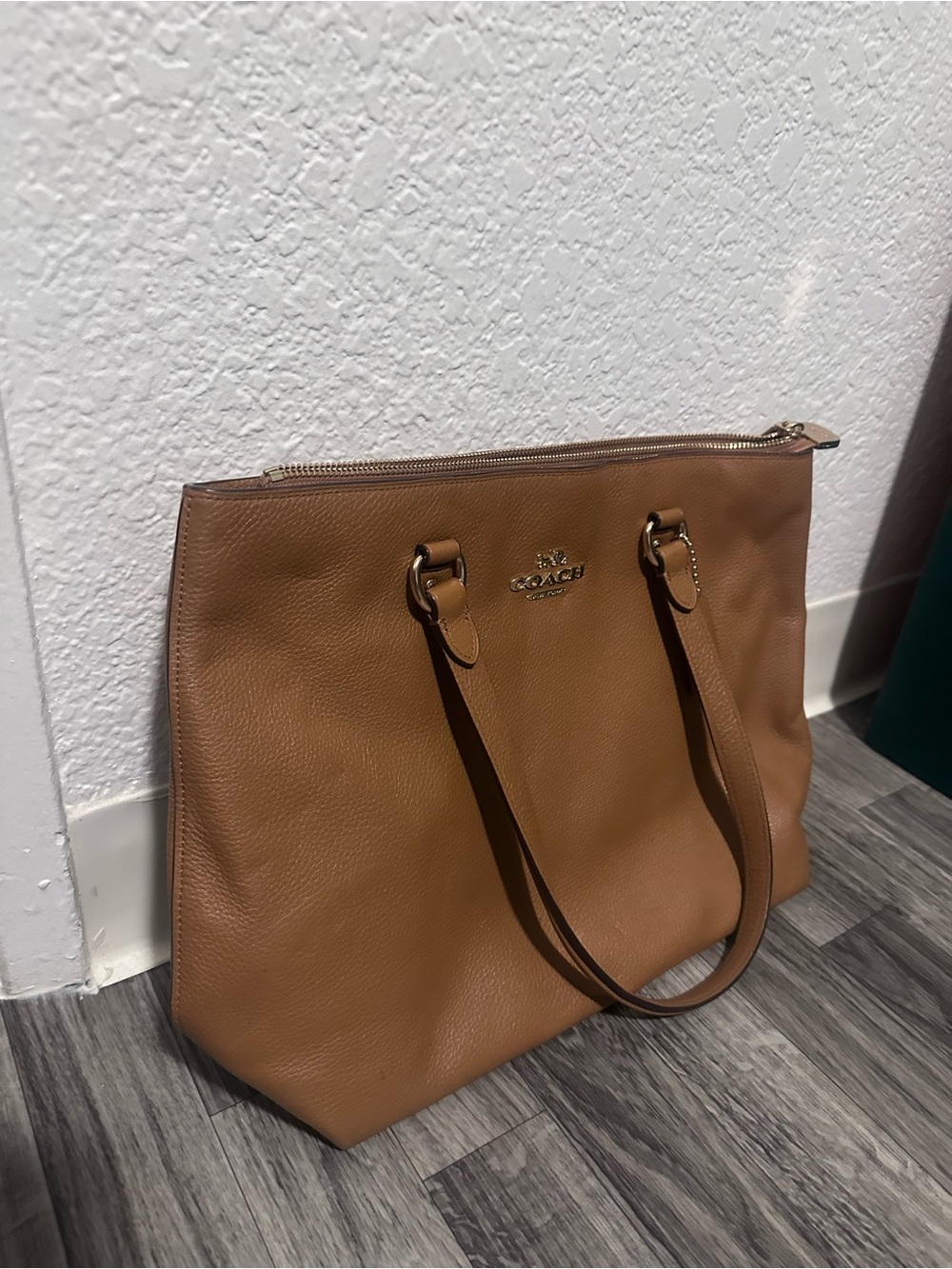 Coach Caramel Brown Pebbled Leather Tote with Zip